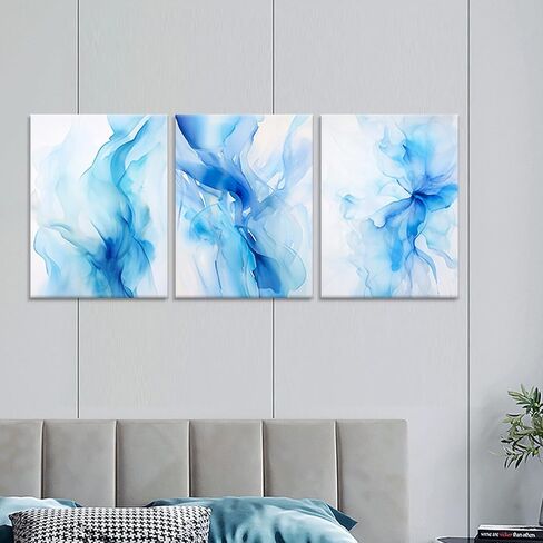 Bright Blue Wall Art Set of 3 Modern Abstract Canvas Art Decor Minimalist Living Room Watercolor Prints Coastal Canvas Artwork Framed Painting Decoration in Saudi Arabia