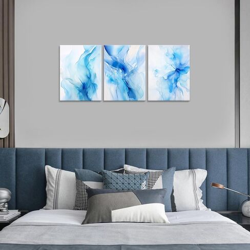 Bright Blue Wall Art Set of 3 Modern Abstract Canvas Art Decor Minimalist Living Room Watercolor Prints Coastal Canvas Artwork Framed Painting Decoration in Saudi Arabia