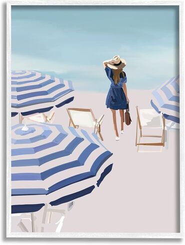 Stupell Industries Woman Enjoying Beach Shore Umbrellas Coastal Scene Framed Wall Art, Design By Amelia Noyes in Saudi Arabia