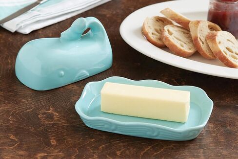 Fox Run Whale Ceramic Butter Dish with Lid, 7", Aqua Blue in Saudi Arabia