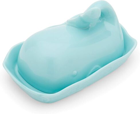 Fox Run Whale Ceramic Butter Dish with Lid, 7", Aqua Blue in Saudi Arabia