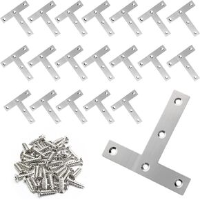 20Pcs T Shape Flat Corner Brace 60mm x 60mm (2.4" x 2.4") Flat T Bracket,Stainless Steel T Shape Flat Mending Plates with Screws for Frame, Furniture & Cabinet.