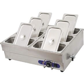 INTBUYING 110V 1500W 1/3 GN 6 Pan Electric Commercial Food Soup Warmer Steam Table Steamer 12x5.5x6inch Pan Double Row for Catering and Restaurants