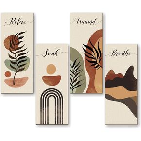 Boho Bathroom Decor Sign Minimalist Bathroom Wall Art Relax Soak Unwind Breathe Wooden Hanging Wall Art for Farmhouse Home Restroom Living Room 13.7x4.7 in 4Pcs