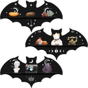3 Pcs Bat Shelf Gothic Decor Black Wooden Goth Shelf Spooky Wall Hanging Shelf Witchy Floating Bathroom Shelves Aesthetic Crystal Shelf with Hooks for Halloween Home Bedroom Living Room Decor