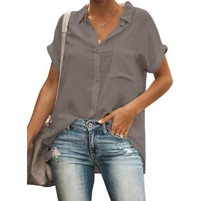 Women's Button Down Shirt Collar V Neck Short Sleeve Blouse Top with Pocket