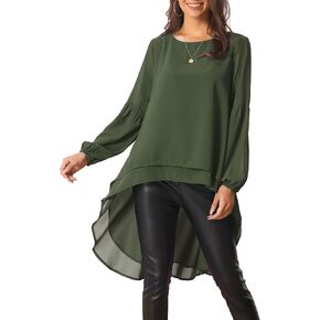 Women's High Low Asymmetrical Tops Lantern Long Sleeve Round Neck Irregular Hem Casual Tops Blouse