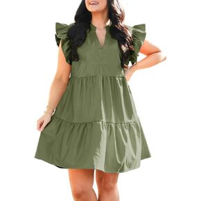Fisoew Plus Size Dresses for Women Summer Ruffle Short Sleeve V Neck Dress Tiered Swing A Line Babydoll Mini Dress in Kuwait