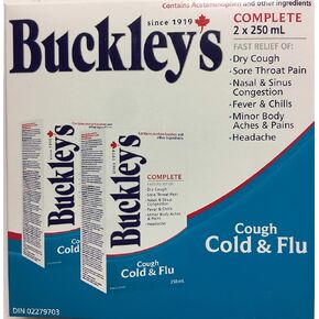 BUCKLEY'S Complete Cough Cold and Flu 250ML Bottle 2 Pack Fast Relief of Dry Cough, Sore Throat, Fever & Chills