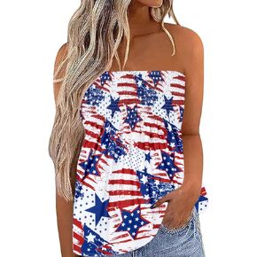 LOTUCY American Flag Strapless Bandeau Tank Women 4th of July Sleeveless Ruffled Tube Patriotic Strapless Smocked Tube Tops