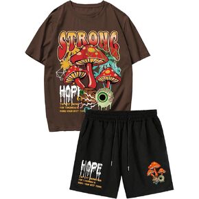 SHENHE Men's 2 Piece Outfits Gothic Short Sleeve Graphic Tees and Drawstring Streetwear Shorts Set
