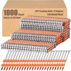 Therwen 1000 Count 21 Degree Framing Nails Full Round Head Collated Framing Nails Ring Shank Hot Dipped Galvanized Nails Plastic Row Fixed for All Pressure Treated Lumber (3 Inch X 0.120 Inch)