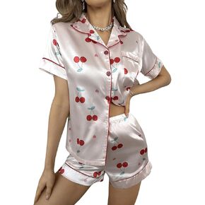 WDIRARA Women's 2 Piece Satin Pajama Set Contrast Piping Short Sleeve Button Shirt and Shorts Sleepwear