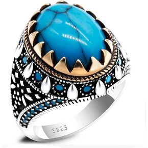 Retro Turquoise Ring for Men in 925 Sterling Silver Oval Sky Blue Stone Ring Life Track Significance Turkish Handmade Engraved Silver Ring Jewelry