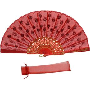 Women's Red sequined plastic folding fan Plastic Cloth Folding Fan (Red)