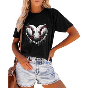 Baseball Mom T-Shirt for Women Play Ball Baseball Heart Pattern Shortsleeve Tank Funny Novelty Baseball Graphic Top