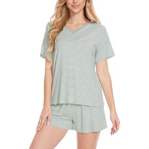 LazyCozy Striped Pajama Set for Women Short Sleeve Shirt with Sleep Shorts Soft Sleepwear PJ Set