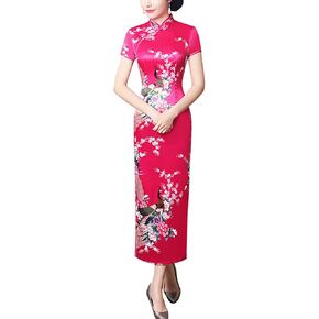 Women's Maxi Cheongsam Costume Short Sleeve Print High Slit Side Traditional Chinese New Year Party Bodycon Dress