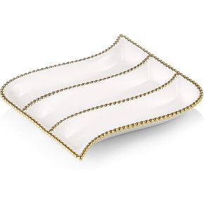 White Porcelain Cracker Dish with Gold Beaded Design-Measures: 10" L