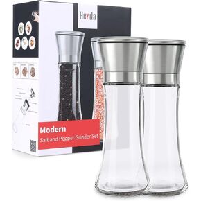 Herda Salt and Pepper Grinder - Refillable 304 Brushed Stainless Steel Shaker - Adjustable Ceramic Sea Salt & Pepper Grinder - Tall Glass Salt- Pepper Mill & Salt Mill (2Pcs)
