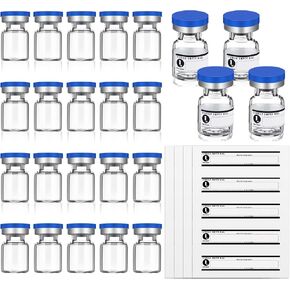 20 Sealed Sterile Empty Vials with Self Healing Injection Port Glass Penicillin Bottle with 20 Label Stickers (1ml)