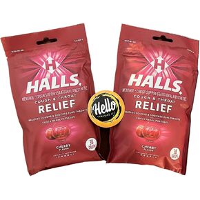 Halls Cherry Flavor 2 Pack - Cough & Throat Relief Menthol Suppressant 30 Cough Drops in Each Bag (60 Total Drops) Includes a Hello Sunshine Fridge Magnet!