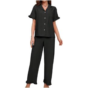 MakeMeChic Women's 2 Piece Lounge Pajamas Set Button Down Shirt Ruffle Trim Straight Leg Pants Sleepwear in Kuwait