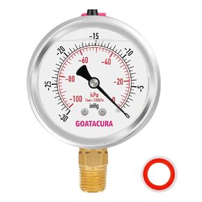 -30 inHg to 0 Glycerin Filled Vacuum Pressure Gauge, 2.5" Dial Size, Stainless Steel Case, with Vent Valve, 1/4" NPT Lower Mount, 2-1-2% Accuracy, for Air Pump, HVAC, Pipe, Pressure Test