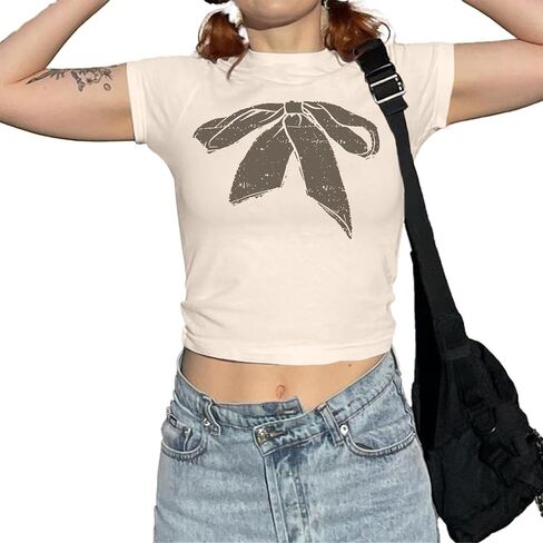 KIEKIECOO Vintage Graphic Baby Tee for Women Short Sleeve Cute Crop Tops for Teen Girls Aesthetic Y2k Cropped Tshirt in Saudi Arabia