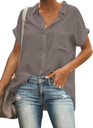 Women's Button Down Shirt Collar V Neck Short Sleeve Blouse Top with Pocket in Kuwait