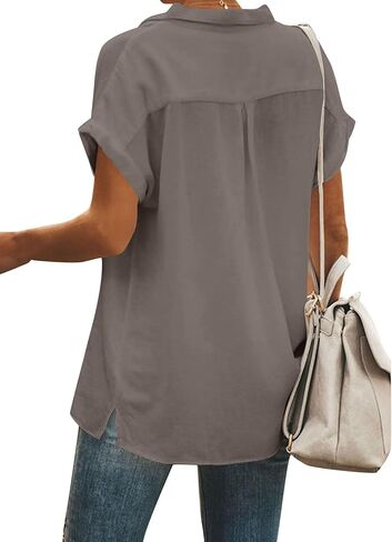 Women's Button Down Shirt Collar V Neck Short Sleeve Blouse Top with Pocket in Kuwait