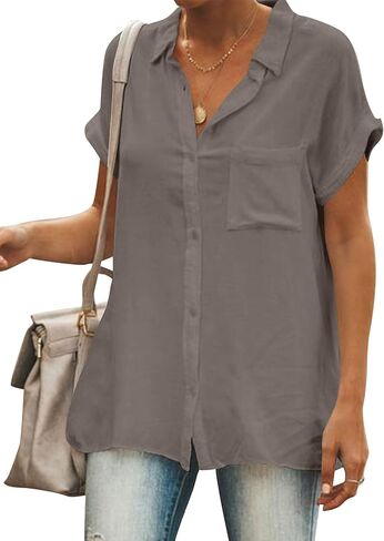 Women's Button Down Shirt Collar V Neck Short Sleeve Blouse Top with Pocket in Kuwait