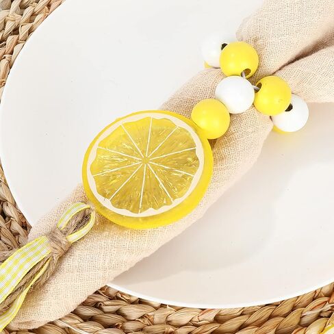 Whaline 6Pcs Lemon Wood Bead Napkin Rings with Rope Tassel Boho Farmhouse Napkin Holders Handmade Wood Bead Garland Yellow White Beads Napkin Buckles for Summer Wedding Dinner Party Home Table Decor in Kuwait