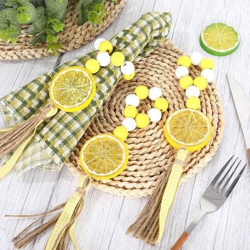 Whaline 6Pcs Lemon Wood Bead Napkin Rings with Rope Tassel Boho Farmhouse Napkin Holders Handmade Wood Bead Garland Yellow White Beads Napkin Buckles for Summer Wedding Dinner Party Home Table Decor in Kuwait