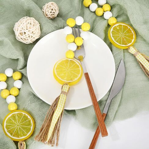 Whaline 6Pcs Lemon Wood Bead Napkin Rings with Rope Tassel Boho Farmhouse Napkin Holders Handmade Wood Bead Garland Yellow White Beads Napkin Buckles for Summer Wedding Dinner Party Home Table Decor in Kuwait