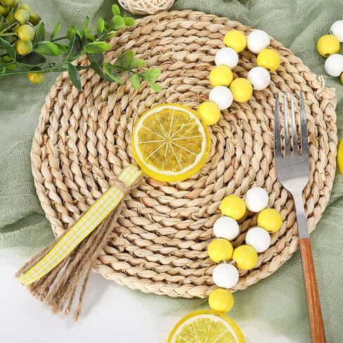 Whaline 6Pcs Lemon Wood Bead Napkin Rings with Rope Tassel Boho Farmhouse Napkin Holders Handmade Wood Bead Garland Yellow White Beads Napkin Buckles for Summer Wedding Dinner Party Home Table Decor in Kuwait