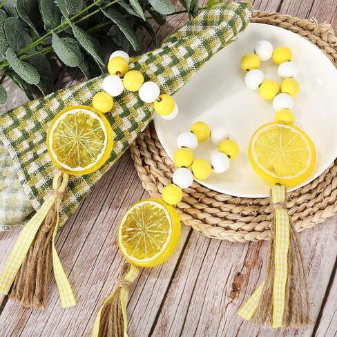 Whaline 6Pcs Lemon Wood Bead Napkin Rings with Rope Tassel Boho Farmhouse Napkin Holders Handmade Wood Bead Garland Yellow White Beads Napkin Buckles for Summer Wedding Dinner Party Home Table Decor in Kuwait