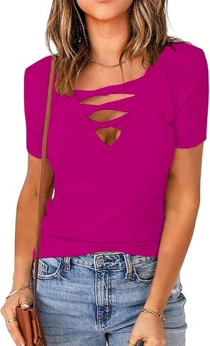 المرأة الصيف العميق الخامس الرقبة قمم مثير عارضة قصيرة الأكمام منخفضة قطع تي شيرت بلوزة in Kuwait