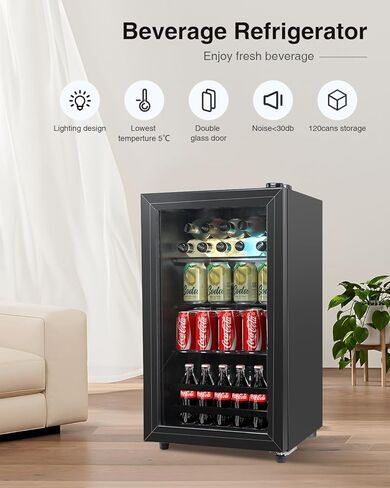 مبرد ثلاجة المشروبات 120 علبة مبرد مشروبات قائم بذاته مع باب زجاجي، أرفف قابلة للتعديل لصودا البيرة أو النبيذ للمكتب المنزلي أو البار in Kuwait