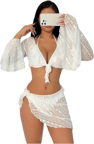 COZYEASE Women's 4 Piece Bikini Set Cheeky Halter Triangle Swimsuit Set Sheer Knot Bathing Suit Cover Up Set in Saudi Arabia