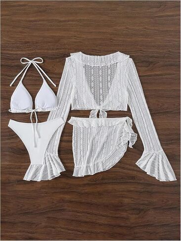COZYEASE Women's 4 Piece Bikini Set Cheeky Halter Triangle Swimsuit Set Sheer Knot Bathing Suit Cover Up Set in Saudi Arabia