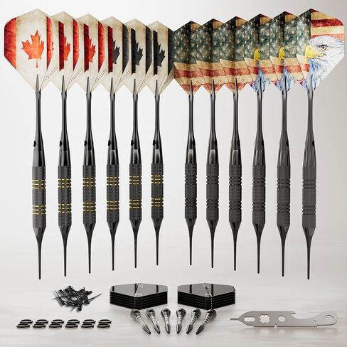 12 X 18g Premium Soft Tip Darts Set | Plastic Tip Darts | - 18 Grams Darts for Electronic Dartboard | 24 Flights & 18 shafts + Extra Soft Tips, Dart Tool, Rubber O-Rings in Saudi Arabia