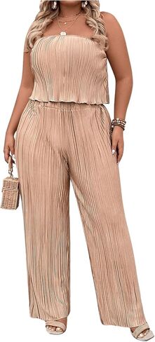 MakeMeChic Women's Plus Size 2 Piece Outfits Sleeveless Strapless Bandeau Crop Tube Top Wide Leg Pants Summer Sets in Saudi Arabia
