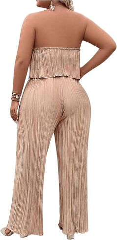 MakeMeChic Women's Plus Size 2 Piece Outfits Sleeveless Strapless Bandeau Crop Tube Top Wide Leg Pants Summer Sets in Saudi Arabia