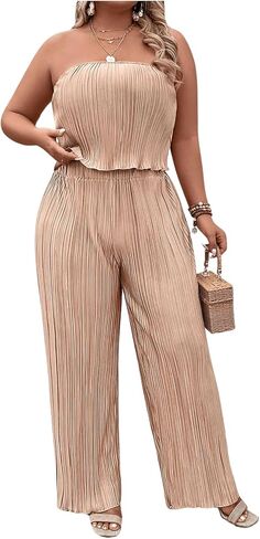 MakeMeChic Women's Plus Size 2 Piece Outfits Sleeveless Strapless Bandeau Crop Tube Top Wide Leg Pants Summer Sets in Saudi Arabia