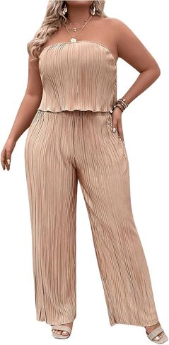 MakeMeChic Women's Plus Size 2 Piece Outfits Sleeveless Strapless Bandeau Crop Tube Top Wide Leg Pants Summer Sets in Saudi Arabia