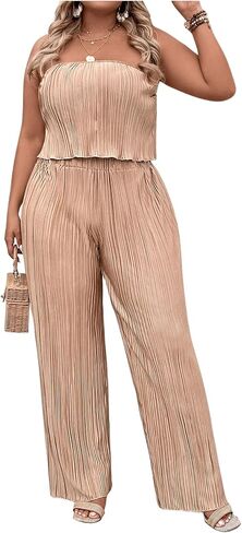 MakeMeChic Women's Plus Size 2 Piece Outfits Sleeveless Strapless Bandeau Crop Tube Top Wide Leg Pants Summer Sets in Saudi Arabia