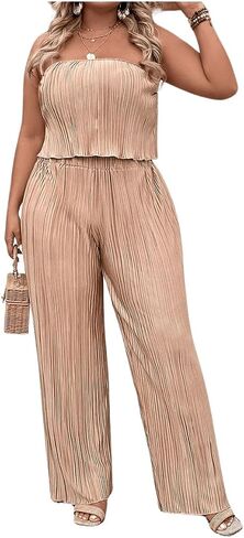 MakeMeChic Women's Plus Size 2 Piece Outfits Sleeveless Strapless Bandeau Crop Tube Top Wide Leg Pants Summer Sets in Saudi Arabia