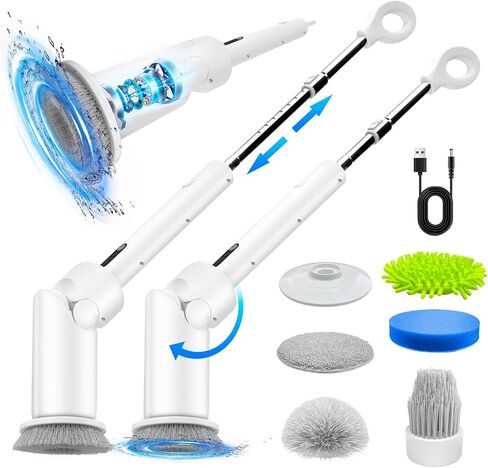 Powerful electric rotary scrubber, 2024 new all-body IPX8 waterproof cordless cleaning brush, 2H power dual-speed, shower scrubber with extended handle, suitable for bathroom and bathtub tile floor in Saudi Arabia