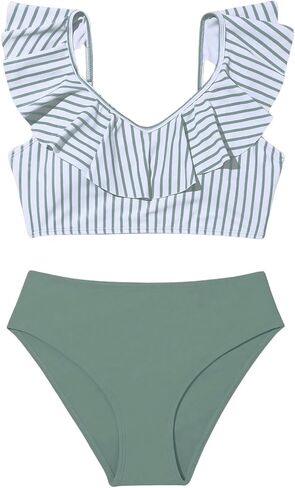 Girl's 2 Piece Swimsuits Stripe Ruffle Sleeveless Cute Bikini Sets High Waisted Bathing Suit in Saudi Arabia